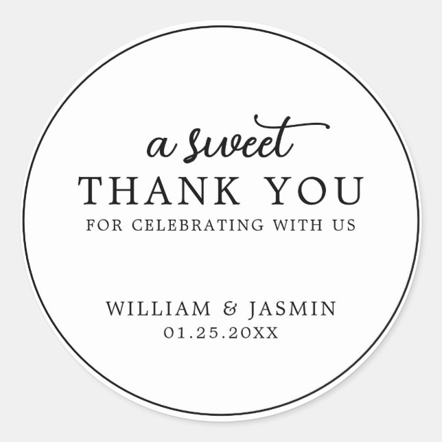 Modern Black Script Sweet Thank You Wedding Favour Classic Round Sticker (Front)