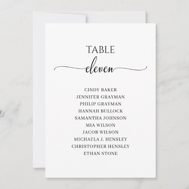 Modern Black Script Table Number 11 Seating Chart (Front)