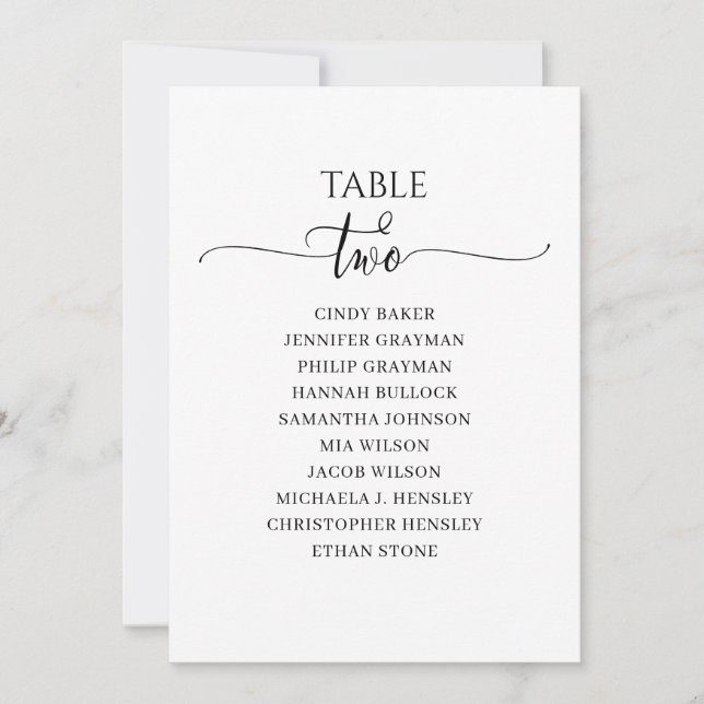 Modern Black Script Table Number 2 Seating Chart (Front)