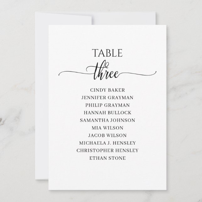 Modern Black Script Table Number 3 Seating Chart (Front)