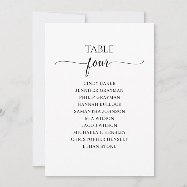 Modern Black Script Table Number 4 Seating Chart (Front)