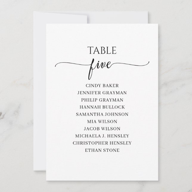 Modern Black Script Table Number 5 Seating Chart (Front)