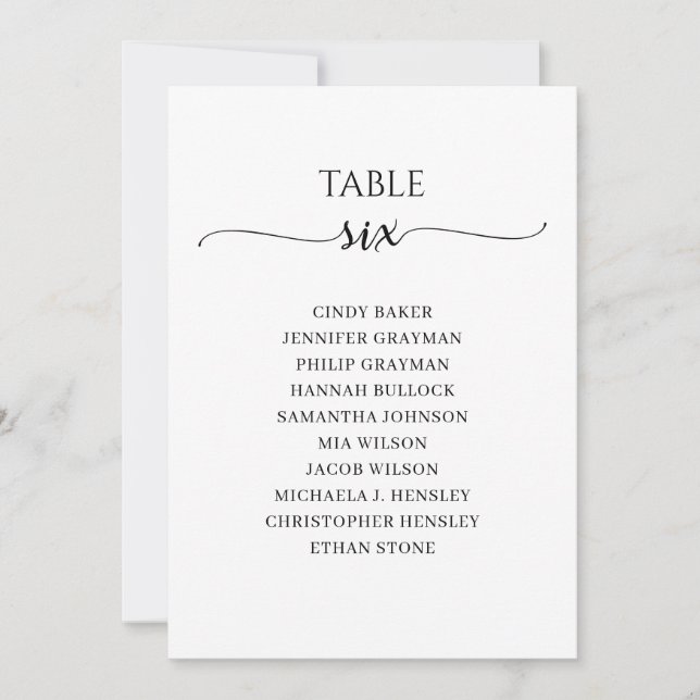 Modern Black Script Table Number 6 Seating Chart (Front)