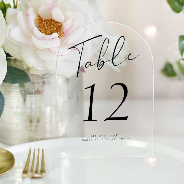 Modern black script wedding acrylic table number (Creator Uploaded)