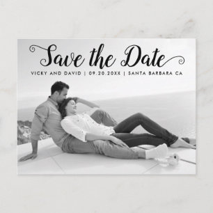 Modern black script wedding Save the Date photo Postcard