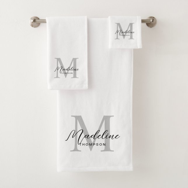 Modern Black Script White Grey Initial Monogram Bath Towel Set (Insitu)
