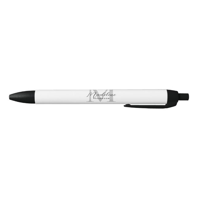 Modern Black Script White Grey Initial Monogram Black Ink Pen (Bottom)