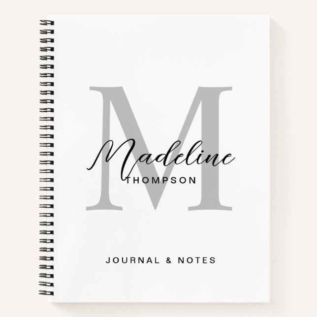 Modern Black Script White Grey Initial Monogram Notebook (Front)