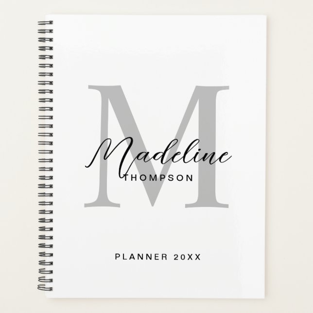 Modern Black Script White Grey Initial Monogram Planner (Front)