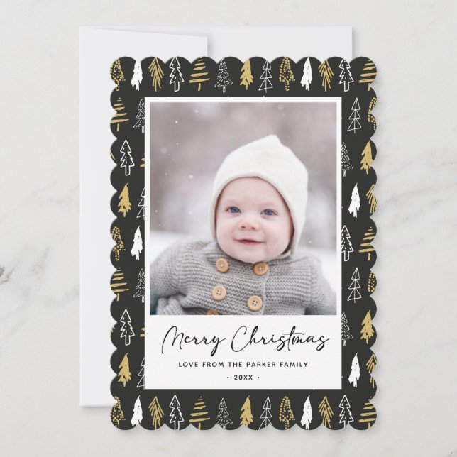 Modern Black Seamless Gold White Forest Pine Tree  Holiday Card (Front)