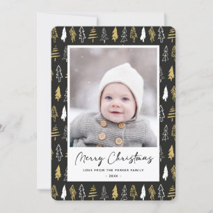 Modern Black Seamless Gold White Forest Pine Tree Holiday Card