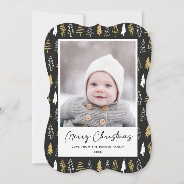 Modern Black Seamless Gold White Forest Pine Tree  Holiday Card (Front)