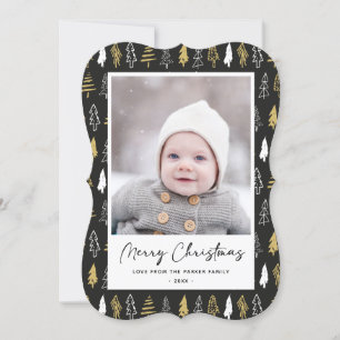 Modern Black Seamless Gold White Forest Pine Tree Holiday Card