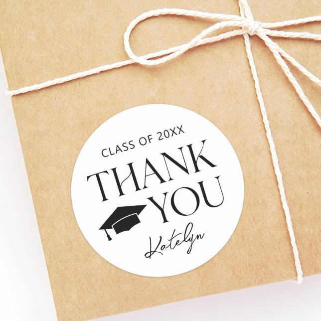 Modern Black Serif Graduation Thank You Classic Round Sticker (Creator Uploaded)