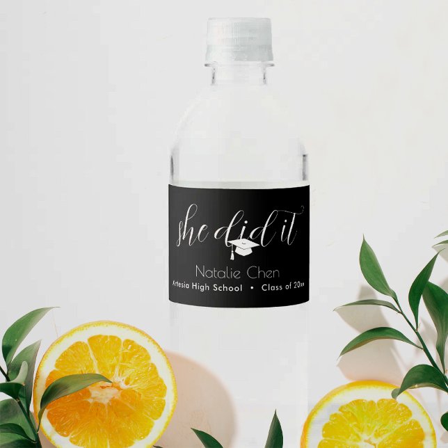Modern Black She Did It Elegant Graduation Water Bottle Label (Creator Uploaded)