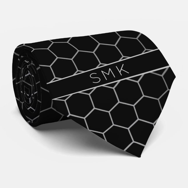 Modern Black Silv Foil Geometric Monogram Neck Tie (Rolled)