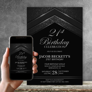 Modern Black Silver 21st Birthday Party Invitation