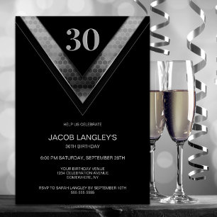 Modern Black Silver 30th Birthday Party Invitation
