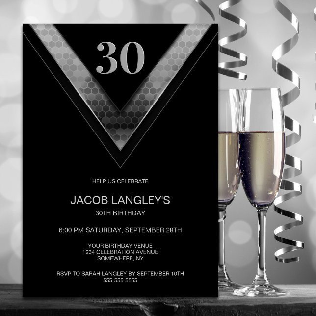 Modern Black Silver 30th Birthday Party Invitation (Creator Uploaded)