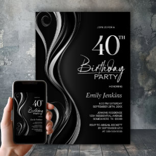 Modern Black Silver 40th Birthday Party Invitation