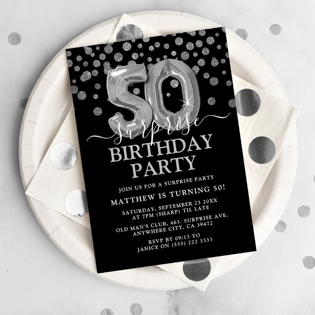 Modern Black & Silver 50th Surprise Birthday Party Invitation (Creator Uploaded)