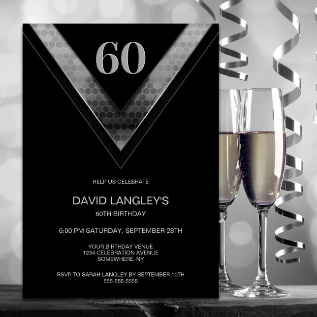 Modern Black Silver 60th Birthday Party Invitation (Creator Uploaded)