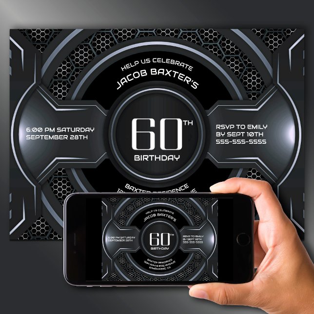 Modern Black Silver 60th Birthday Party Invitation (Creator Uploaded)