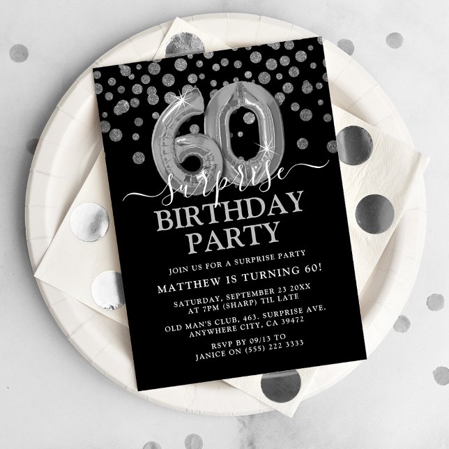Modern Black & Silver 60th Surprise Birthday Party Invitation (Creator Uploaded)