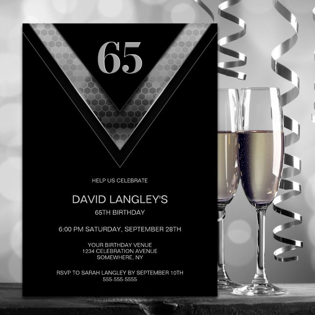 Modern Black Silver 65th Birthday Party Invitation (Creator Uploaded)