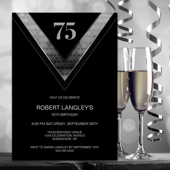 Modern Black Silver 75th Birthday Party Invitation (Creator Uploaded)