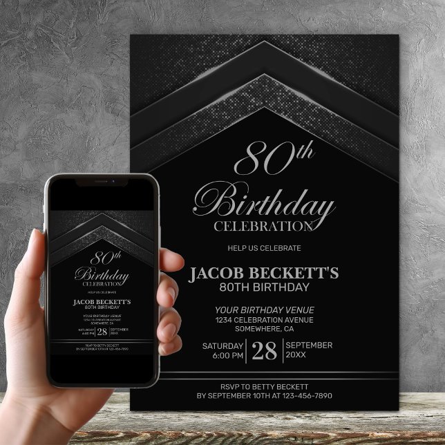 Modern Black Silver 80th Birthday Party Invitation (Creator Uploaded)