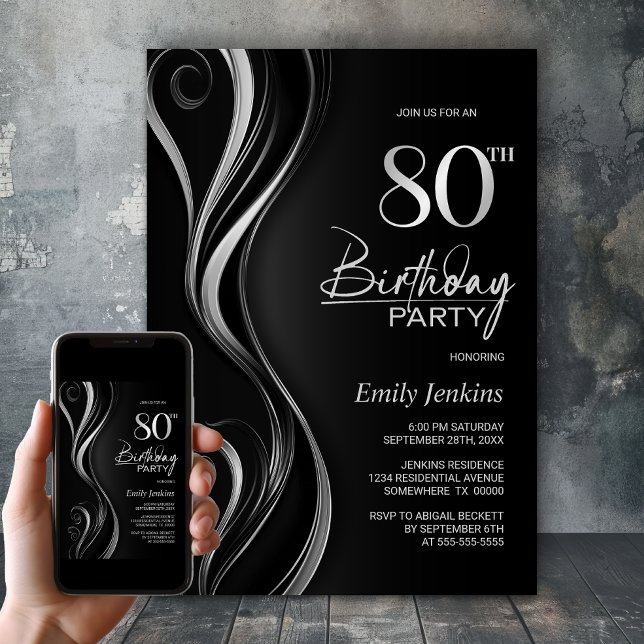 Modern Black Silver 80th Birthday Party Invitation (Creator Uploaded)