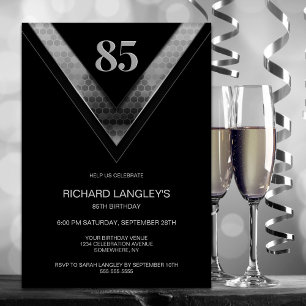 Modern Black Silver 85th Birthday Party Invitation