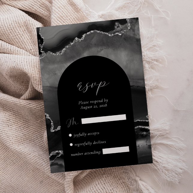 Modern Black Silver Agate Arch Wedding RSVP Card (Creator Uploaded)