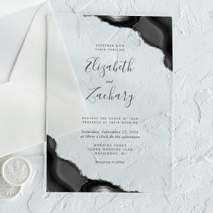Modern Black Silver Agate Corners Wedding Acrylic Invitations