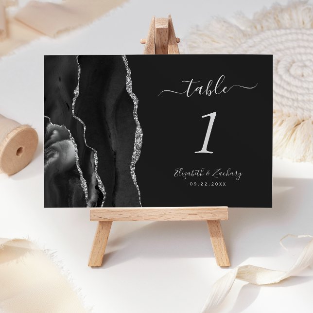 Modern Black Silver Agate Dark Wedding Table Number (Creator Uploaded)