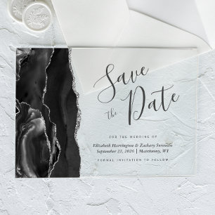 Modern Black Silver Agate Save the Date Acrylic Invitations