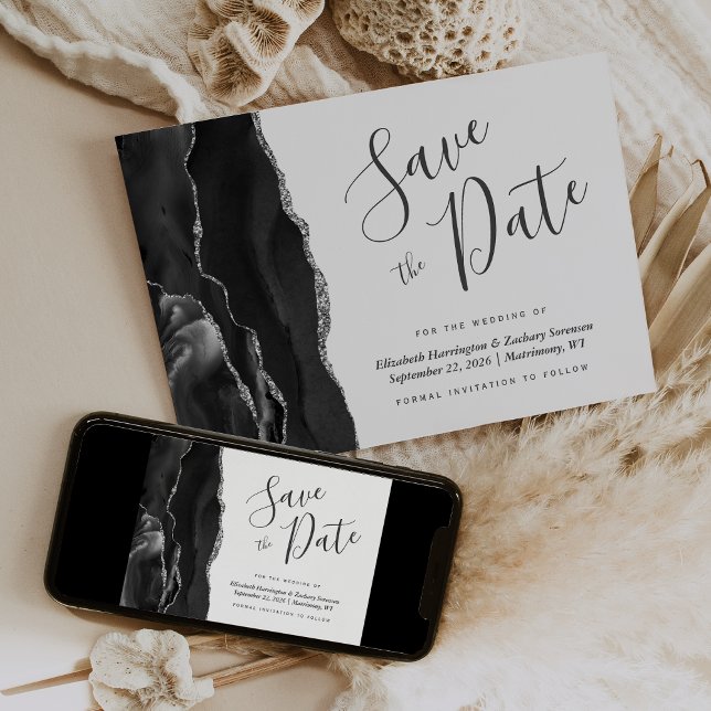 Modern Black Silver Agate Save the Date Card (Creator Uploaded)