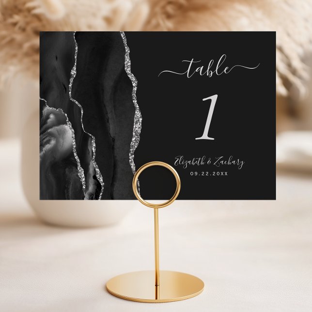 Modern Black Silver Agate Wedding Dark Table Number (Creator Uploaded)