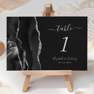 Modern Black Silver Agate Wedding Dark Table Number