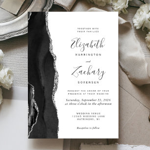 Modern Black Silver Agate Wedding Invitation
