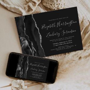 Modern Black Silver Agate Wedding Invitation