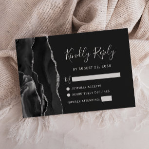 Modern Black Silver Agate Wedding RSVP Card
