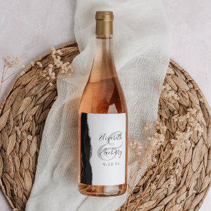 Modern Black Silver Agate Wedding Wine Label