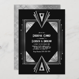 Modern Black & Silver Art Deco Rehearsal Dinner Invitation