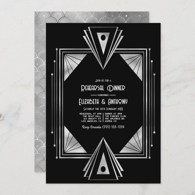 Modern Black & Silver Art Deco Rehearsal Dinner Invitation (Front/Back)