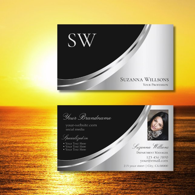 Modern Black Silver Decor with Monogram and Photo Business Card (Creator Uploaded)