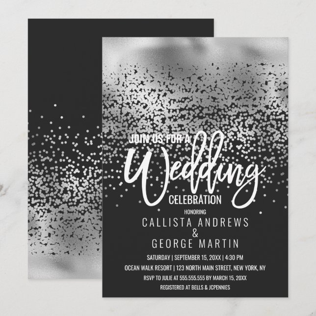 Modern Black Silver Foil Confetti Ombre Wedding Invitation (Front/Back)