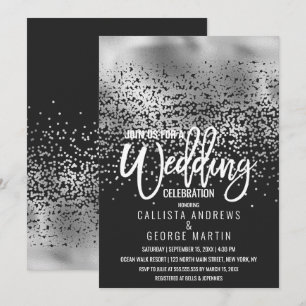 Modern Black Silver Foil Confetti Ombre Wedding Invitation