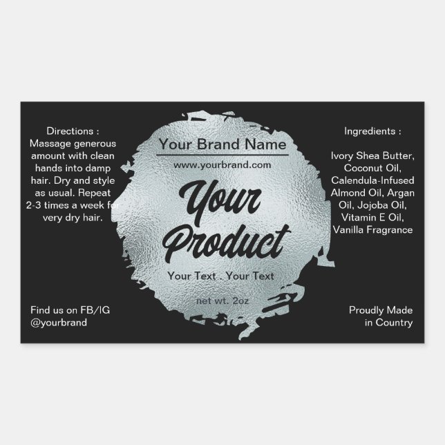 Modern Black Silver Foil Glamourous Luxury Custom Rectangular Sticker (Front)